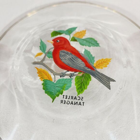 Vtg Glass Plate Painted Scarlet Tanager Bird Plate Clear Gold Trim 8" Red Nature - Picture 4 of 6